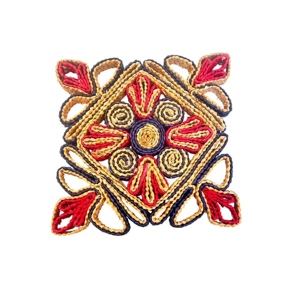 Vintage Woven Straw Trivets Set of 2 Red Navy Blue Natural Boho Kitchen‎ Decor - Picture 3 of 6